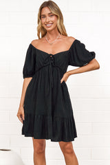Michi Mini Dress - Sweetheart Neckline Mini with Tie Detail and Puff Sleeves in Black
