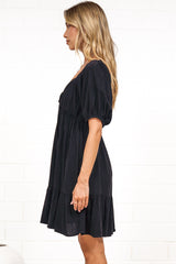 Michi Mini Dress - Sweetheart Neckline Mini with Tie Detail and Puff Sleeves in Black