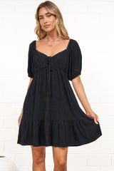 Michi Mini Dress - Sweetheart Neckline Mini with Tie Detail and Puff Sleeves in Black