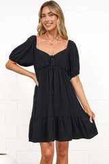 Michi Mini Dress - Sweetheart Neckline Mini with Tie Detail and Puff Sleeves in Black