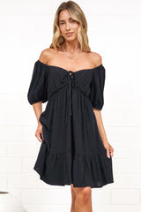Michi Mini Dress - Sweetheart Neckline Mini with Tie Detail and Puff Sleeves in Black