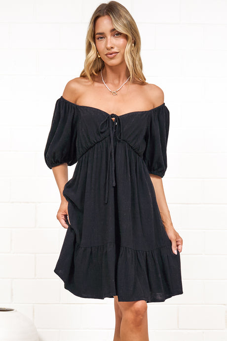 Michi Mini Dress - Sweetheart Neckline Mini with Tie Detail and Puff Sleeves in Black