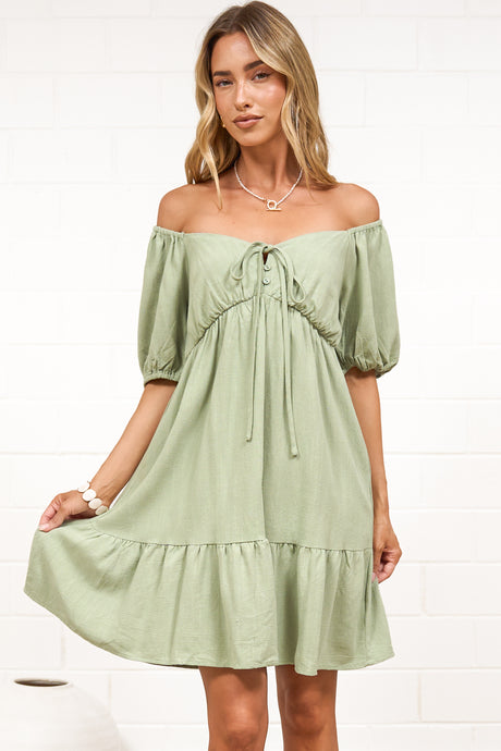Michi Mini Dress - Sweetheart Neckline Mini with Tie Detail and Puff Sleeves in Sage