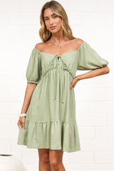 Michi Mini Dress - Sweetheart Neckline Mini with Tie Detail and Puff Sleeves in Sage