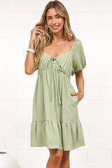 Michi Mini Dress - Sweetheart Neckline Mini with Tie Detail and Puff Sleeves in Sage