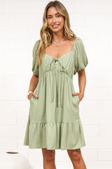 Michi Mini Dress - Sweetheart Neckline Mini with Tie Detail and Puff Sleeves in Sage