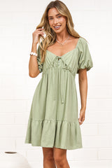 Michi Mini Dress - Sweetheart Neckline Mini with Tie Detail and Puff Sleeves in Sage