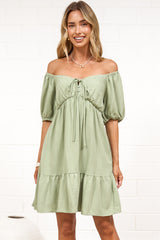 Michi Mini Dress - Sweetheart Neckline Mini with Tie Detail and Puff Sleeves in Sage