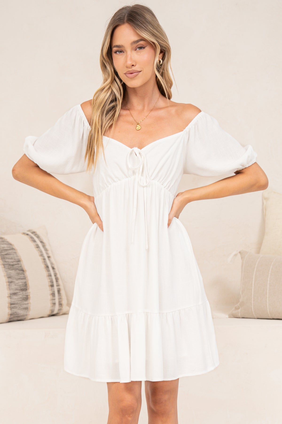 Michi Mini Dress - Sweetheart Neckline Mini with Tie Detail and Puff Sleeves in White