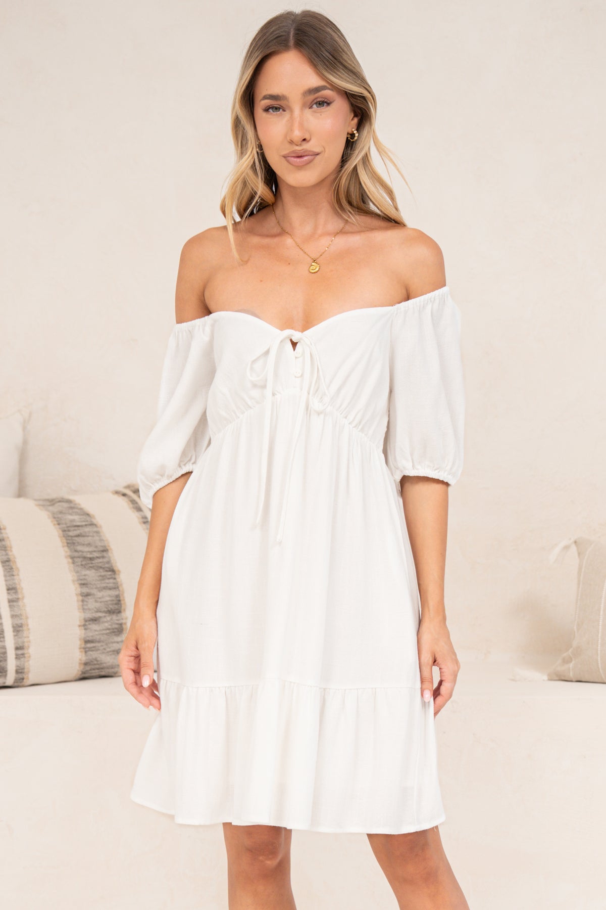 Michi Mini Dress - Sweetheart Neckline Mini with Tie Detail and Puff Sleeves in White