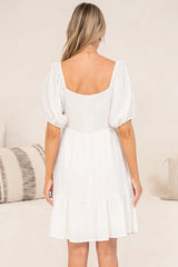 Michi Mini Dress - Sweetheart Neckline Mini with Tie Detail and Puff Sleeves in White