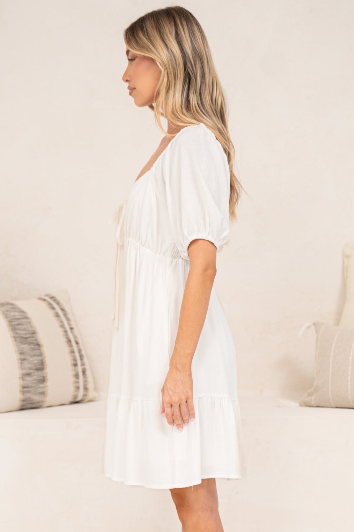 Michi Mini Dress - Sweetheart Neckline Mini with Tie Detail and Puff Sleeves in White