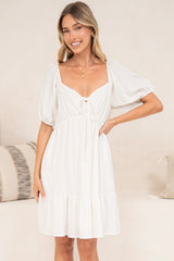 Michi Mini Dress - Sweetheart Neckline Mini with Tie Detail and Puff Sleeves in White
