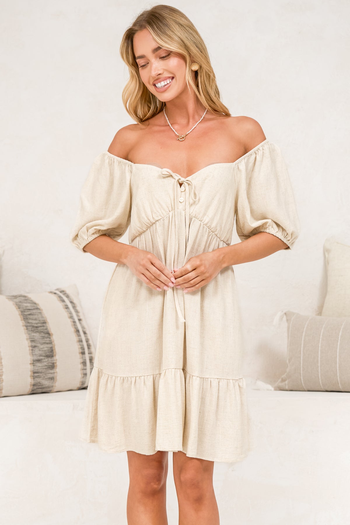 Michi Mini Dress - Sweetheart Neckline Mini with Tie Detail and Puff Sleeves in Beige