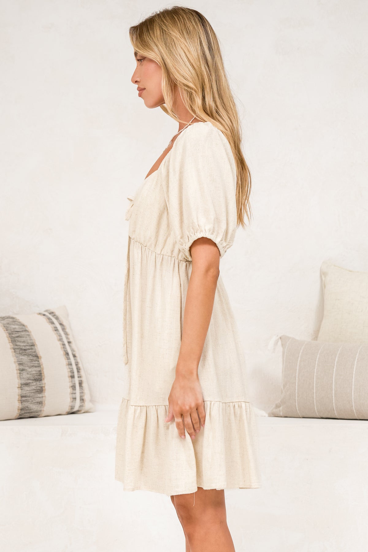 Michi Mini Dress - Sweetheart Neckline Mini with Tie Detail and Puff Sleeves in Beige