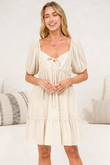Michi Mini Dress - Sweetheart Neckline Mini with Tie Detail and Puff Sleeves in Beige