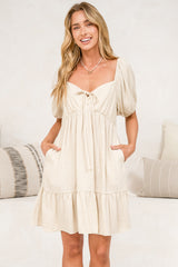 Michi Mini Dress - Sweetheart Neckline Mini with Tie Detail and Puff Sleeves in Beige