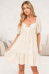Michi Mini Dress - Sweetheart Neckline Mini with Tie Detail and Puff Sleeves in Beige