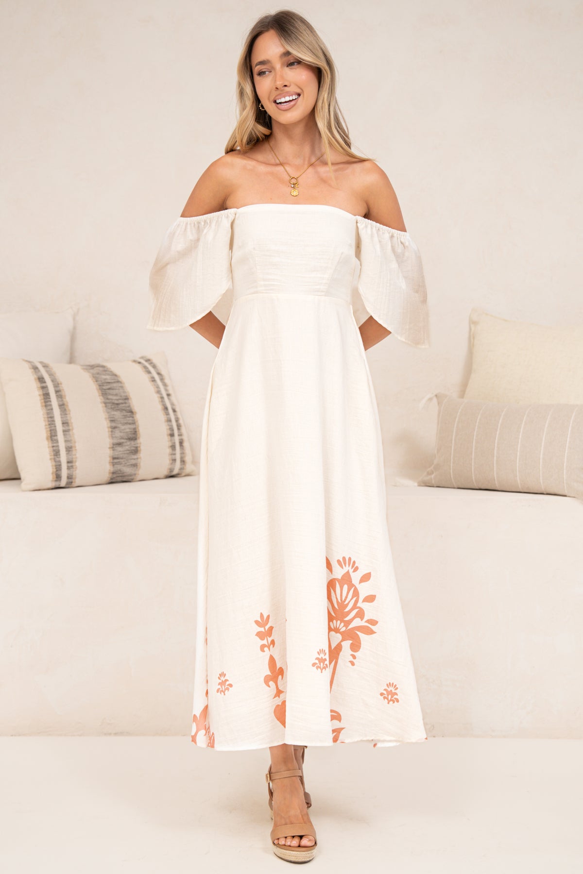 Miette Midi Dress - On or Off Shoulder A Line Dress with Border Print Hemline in Serenoa Print