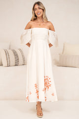 Miette Midi Dress - On or Off Shoulder A Line Dress with Border Print Hemline in Serenoa Print