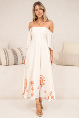 Miette Midi Dress - On or Off Shoulder A Line Dress with Border Print Hemline in Serenoa Print