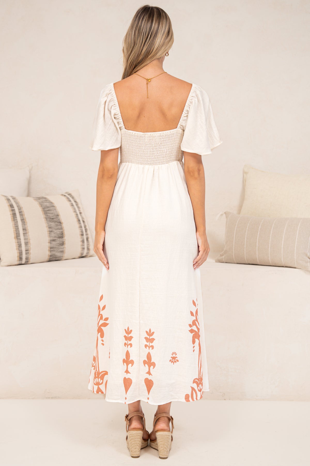 Miette Midi Dress - On or Off Shoulder A Line Dress with Border Print Hemline in Serenoa Print