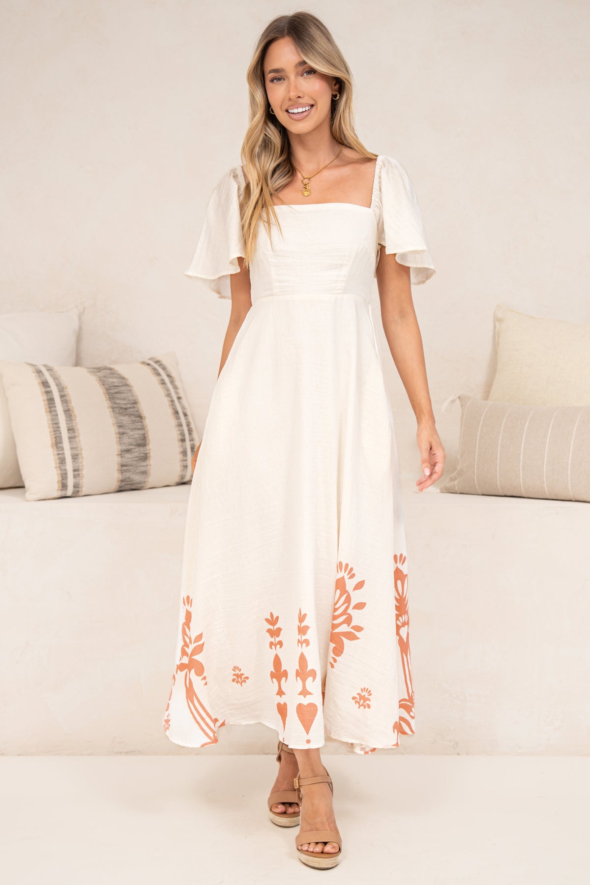 Miette Midi Dress - On or Off Shoulder A Line Dress with Border Print Hemline in Serenoa Print