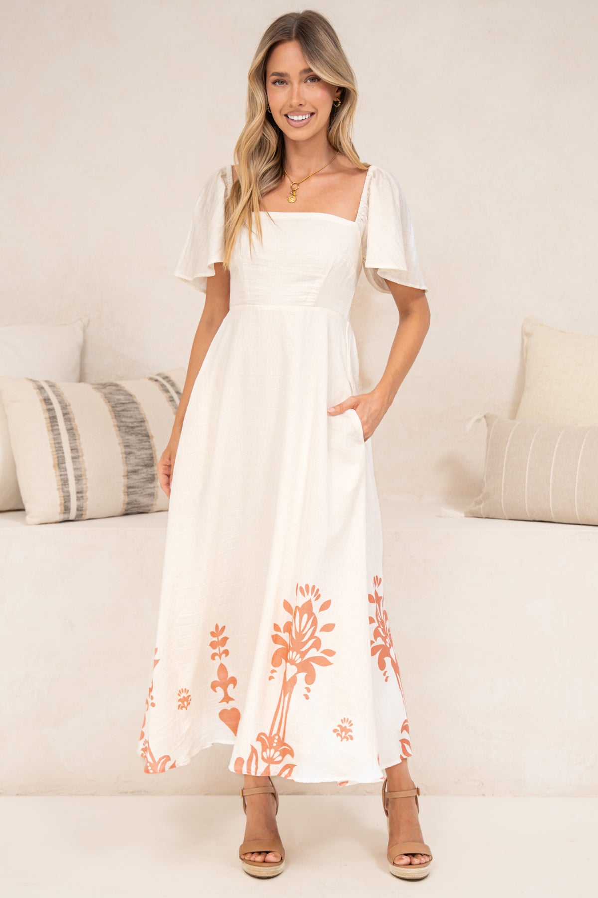 Miette Midi Dress - On or Off Shoulder A Line Dress with Border Print Hemline in Serenoa Print