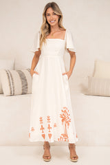 Miette Midi Dress - On or Off Shoulder A Line Dress with Border Print Hemline in Serenoa Print