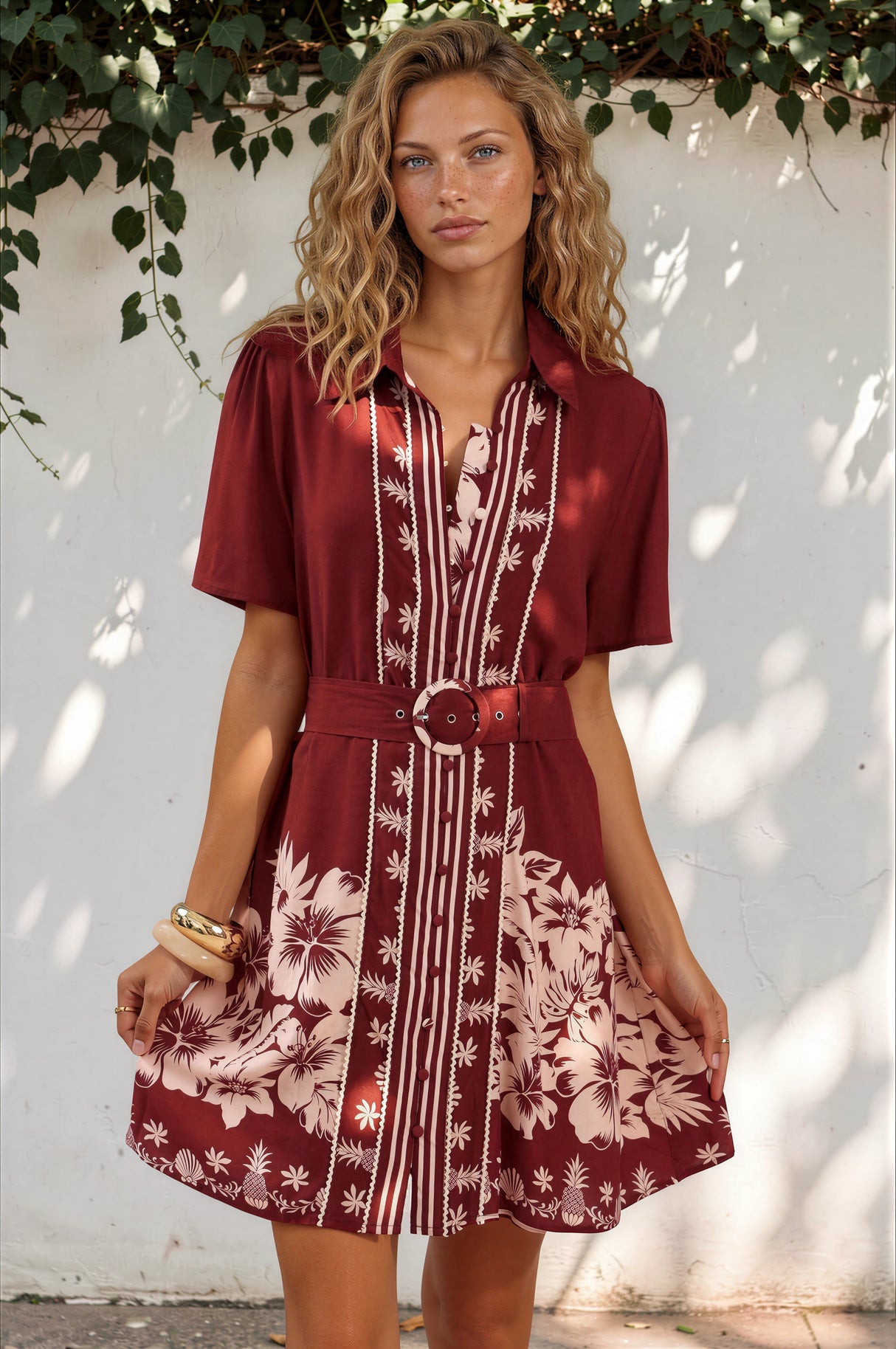Model wearing Mikan Mini Dress in Orabella Print Wine from Salty Crush