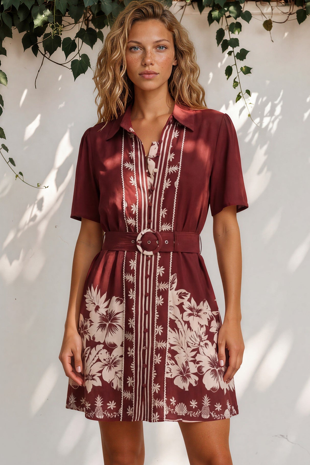Woman wearing a maroon dress with floral pattern against a white wall.