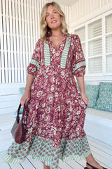 JAASE - Mila Midi Dress: Mandarin Collar Buttoned Bodice Tiered Dress in Athena Print