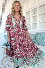 JAASE - Mila Midi Dress: Mandarin Collar Buttoned Bodice Tiered Dress in Athena Print