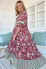 JAASE - Mila Midi Dress: Mandarin Collar Buttoned Bodice Tiered Dress in Athena Print