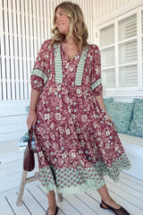 JAASE - Mila Midi Dress: Mandarin Collar Buttoned Bodice Tiered Dress in Athena Print
