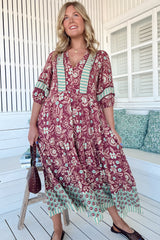 JAASE - Mila Midi Dress: Mandarin Collar Buttoned Bodice Tiered Dress in Athena Print