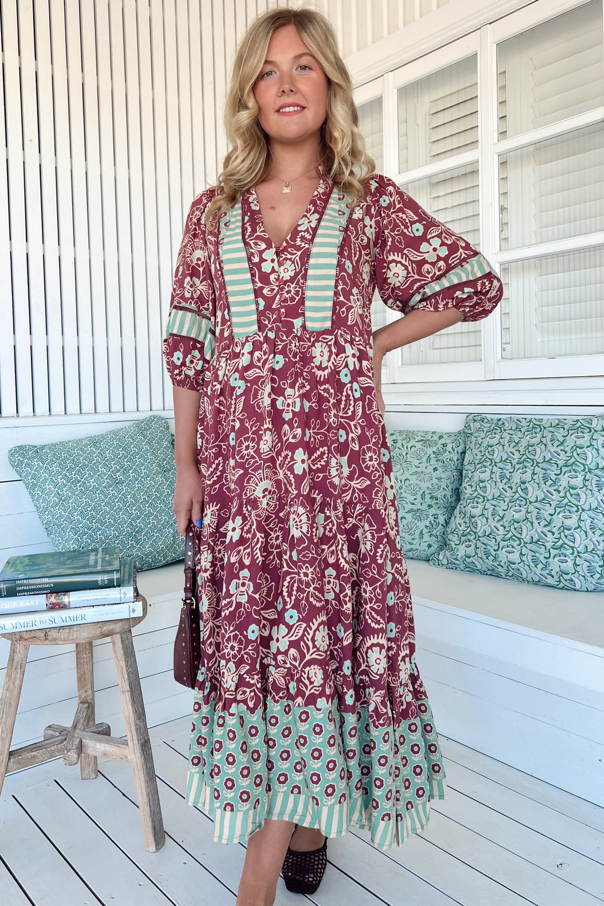JAASE - Mila Midi Dress: Mandarin Collar Buttoned Bodice Tiered Dress in Athena Print