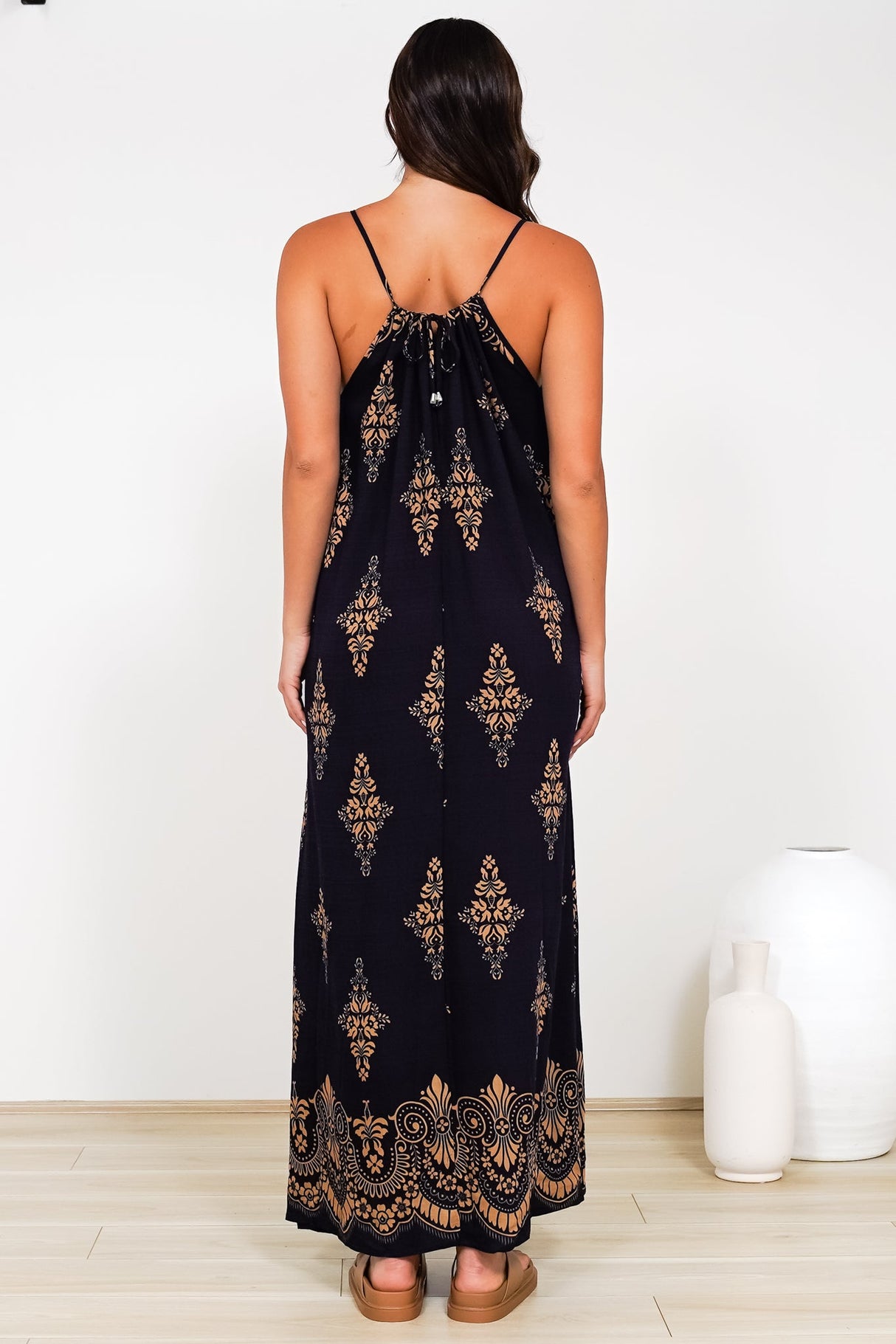 Milani Maxi Dress - Adjustable Halter Neck Sun Dress in Lannie Print Navy