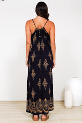 Milani Maxi Dress - Adjustable Halter Neck Sun Dress in Lannie Print Navy