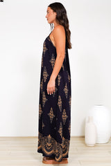Milani Maxi Dress - Adjustable Halter Neck Sun Dress in Lannie Print Navy