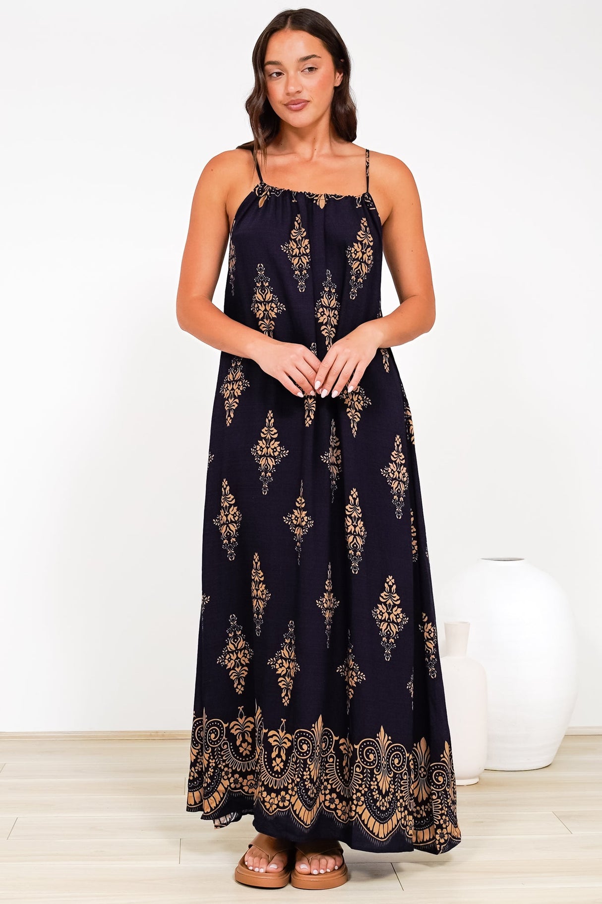 Milani Maxi Dress - Adjustable Halter Neck Sun Dress in Lannie Print Navy