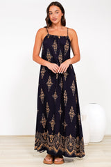 Milani Maxi Dress - Adjustable Halter Neck Sun Dress in Lannie Print Navy