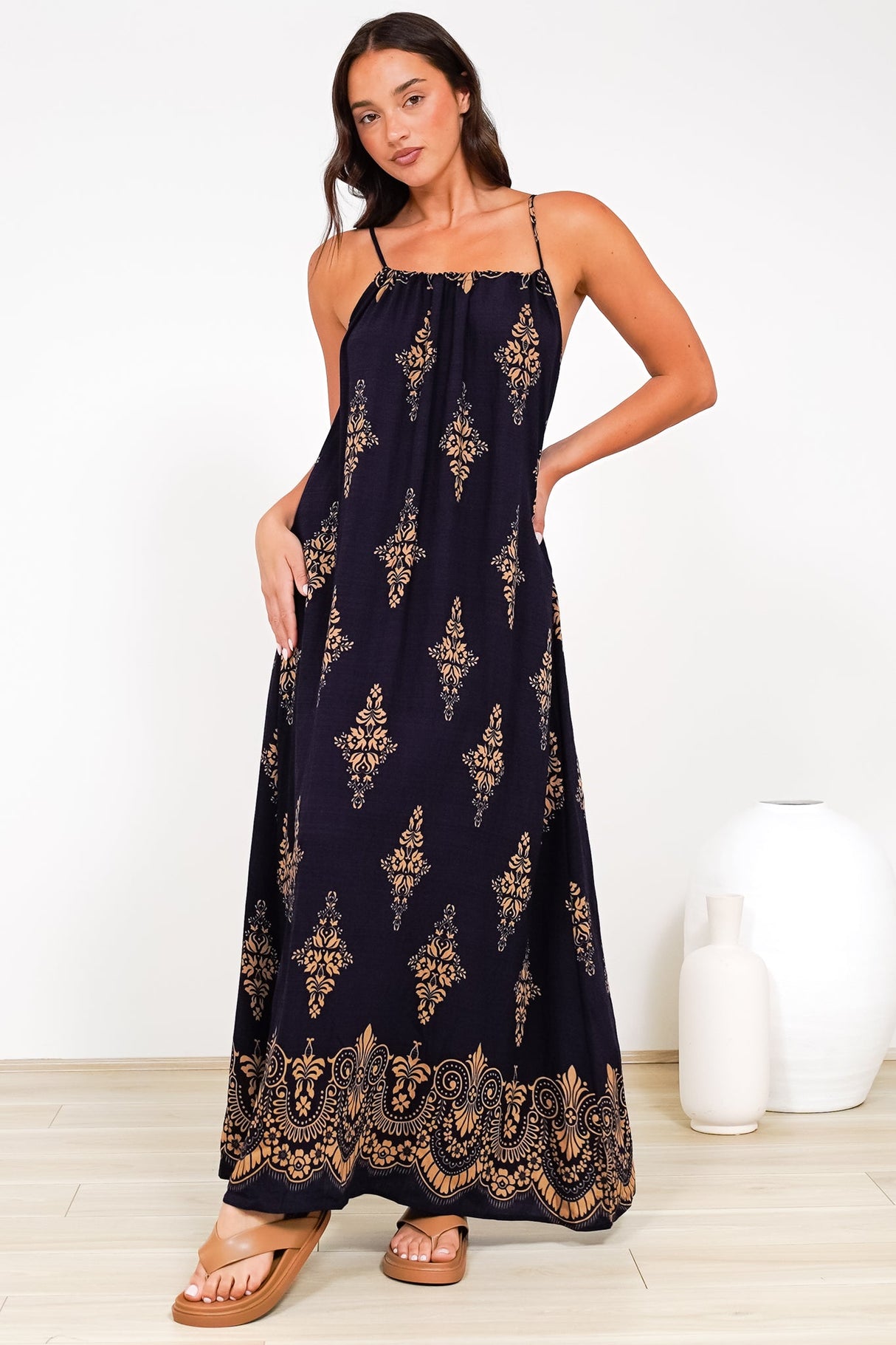 Milani Maxi Dress - Adjustable Halter Neck Sun Dress in Lannie Print Navy
