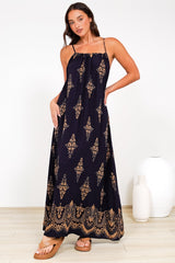 Milani Maxi Dress - Adjustable Halter Neck Sun Dress in Lannie Print Navy