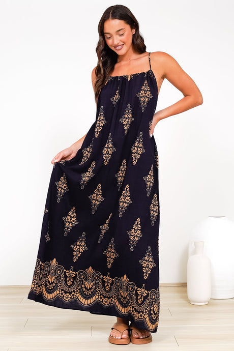 Milani Maxi Dress - Adjustable Halter Neck Sun Dress in Lannie Print Navy