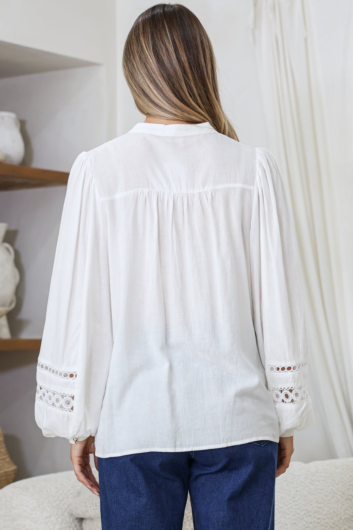 Milano Blouse - Mandarin Collar Button Down with Delicate Lace Cut-Out Detailing in White