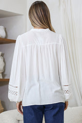 Milano Blouse - Mandarin Collar Button Down with Delicate Lace Cut-Out Detailing in White