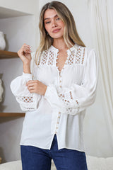 Milano Blouse - Mandarin Collar Button Down with Delicate Lace Cut-Out Detailing in White