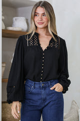 Milano Blouse - Mandarin Collar Button Down with Delicate Lace Cut-Out Detailing in Black