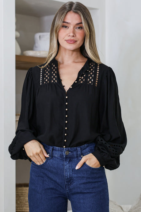 Model wearing Milano Blouse in Black from Salty Crush